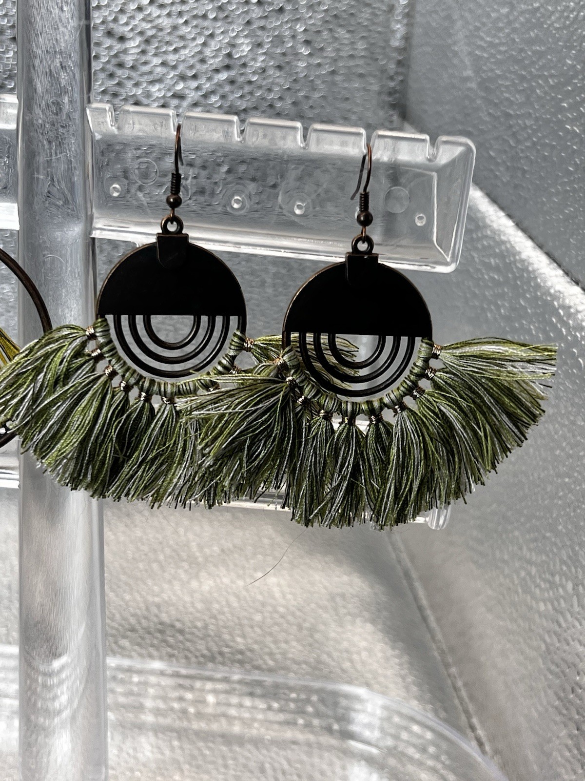 set of two pairs of black and olive green boho fringe and tassel earring