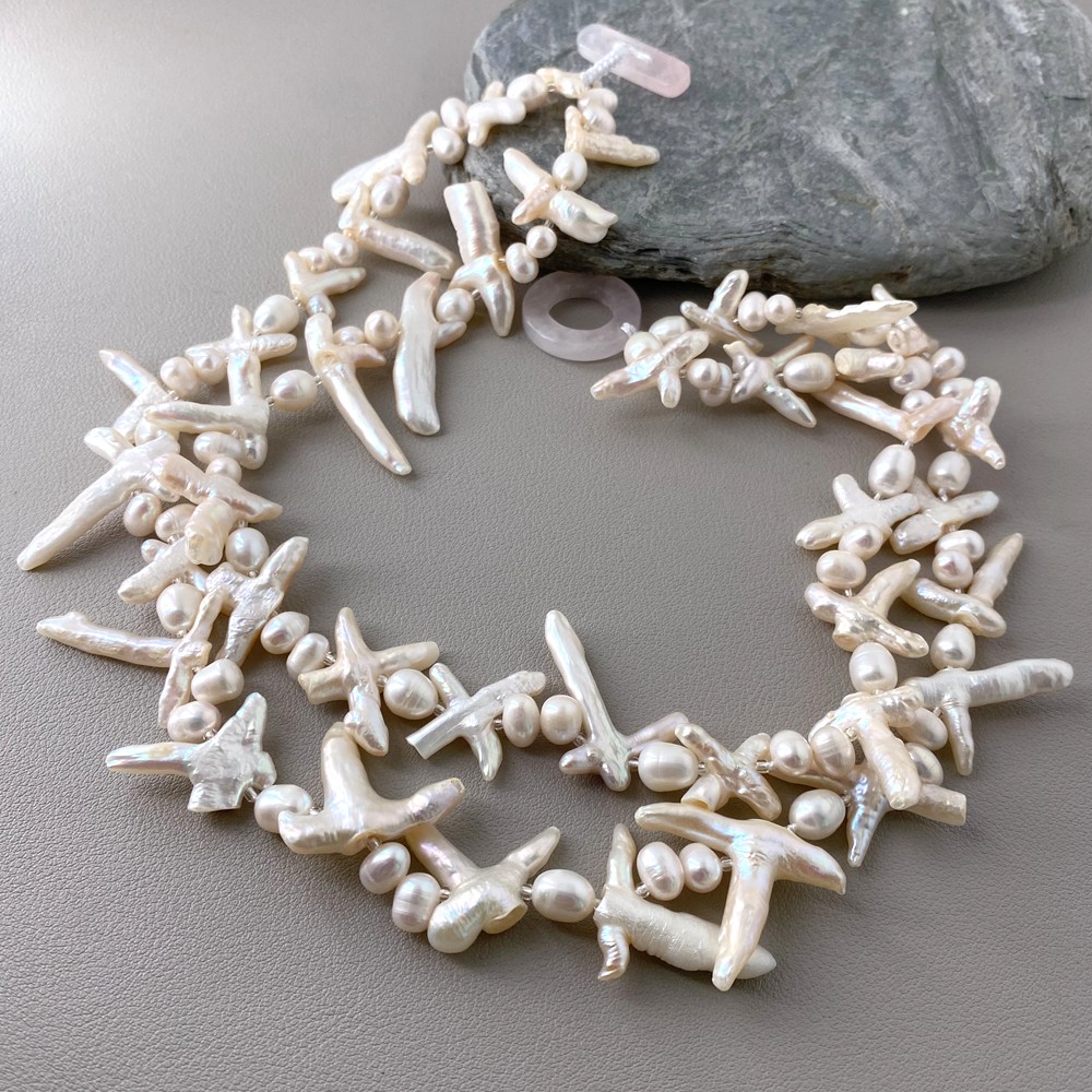 2 Rows White Cross Pearl Statement Necklace Designer Beads Jewelry Femme