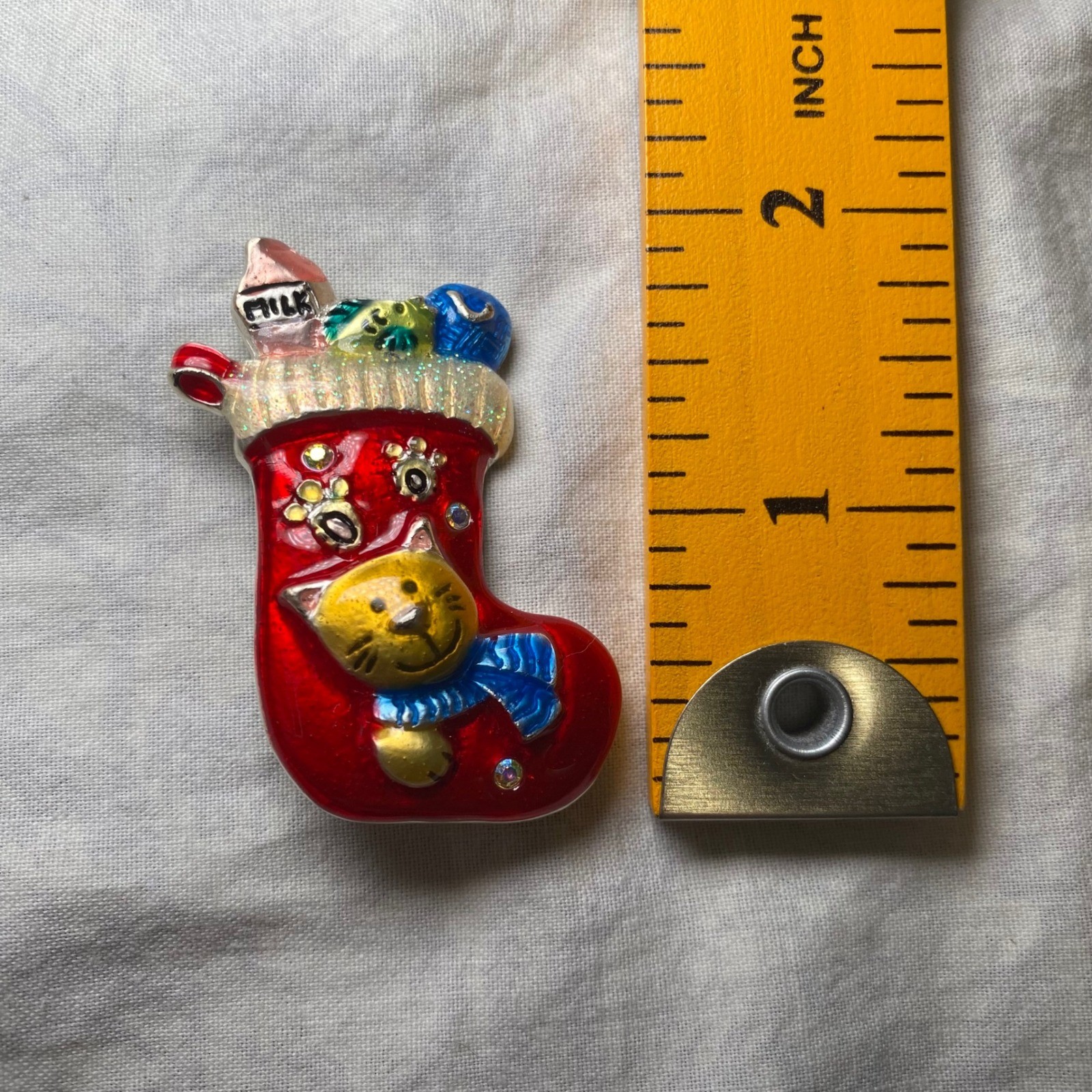 Vintage AJMC Christmas Stocking Kitten Cat Enamel Rhinestone Brooch Pin Holiday