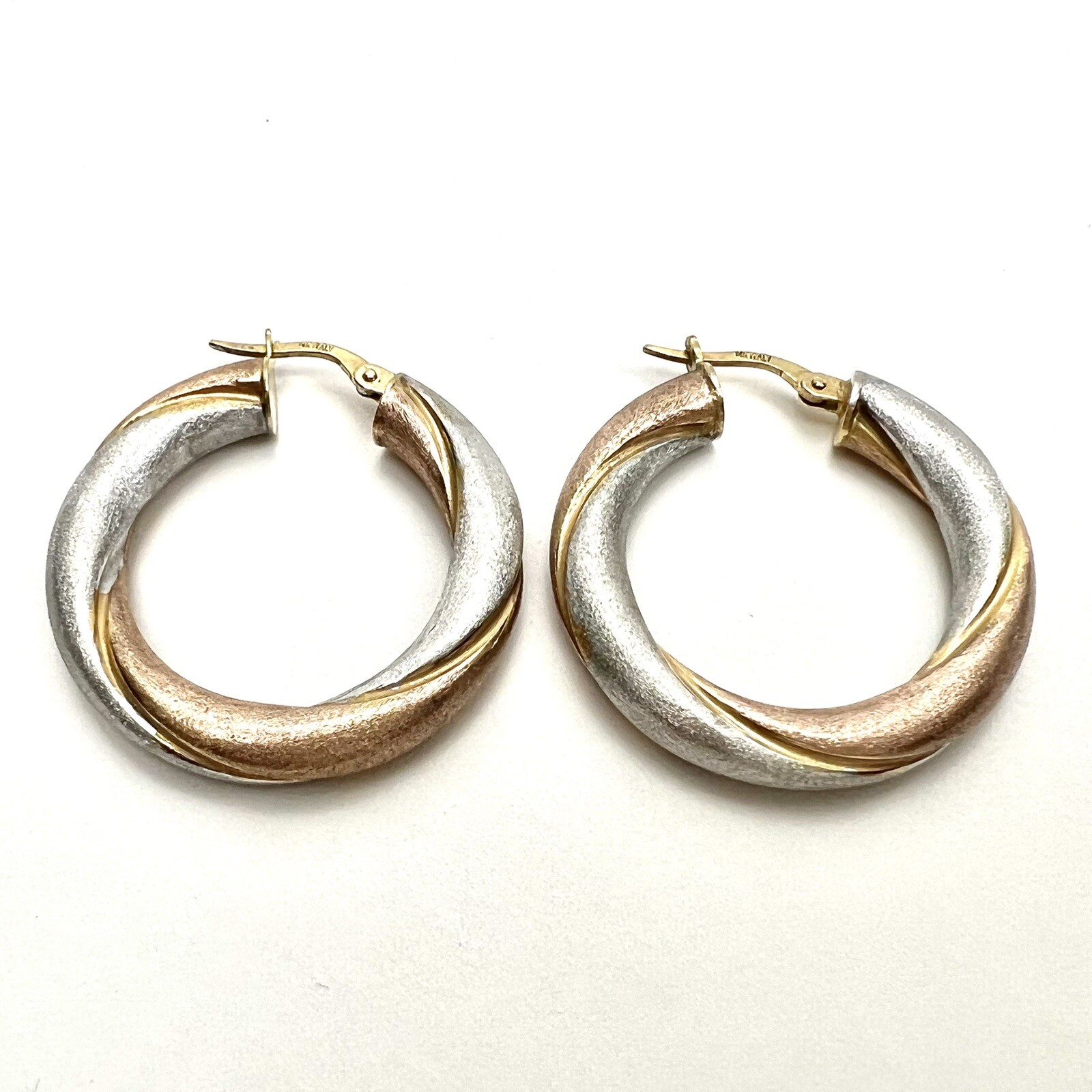 Satin Brushed Texture Hollow 14k Gold Italy Tri Color Hoop Earrings 4.82 Grams