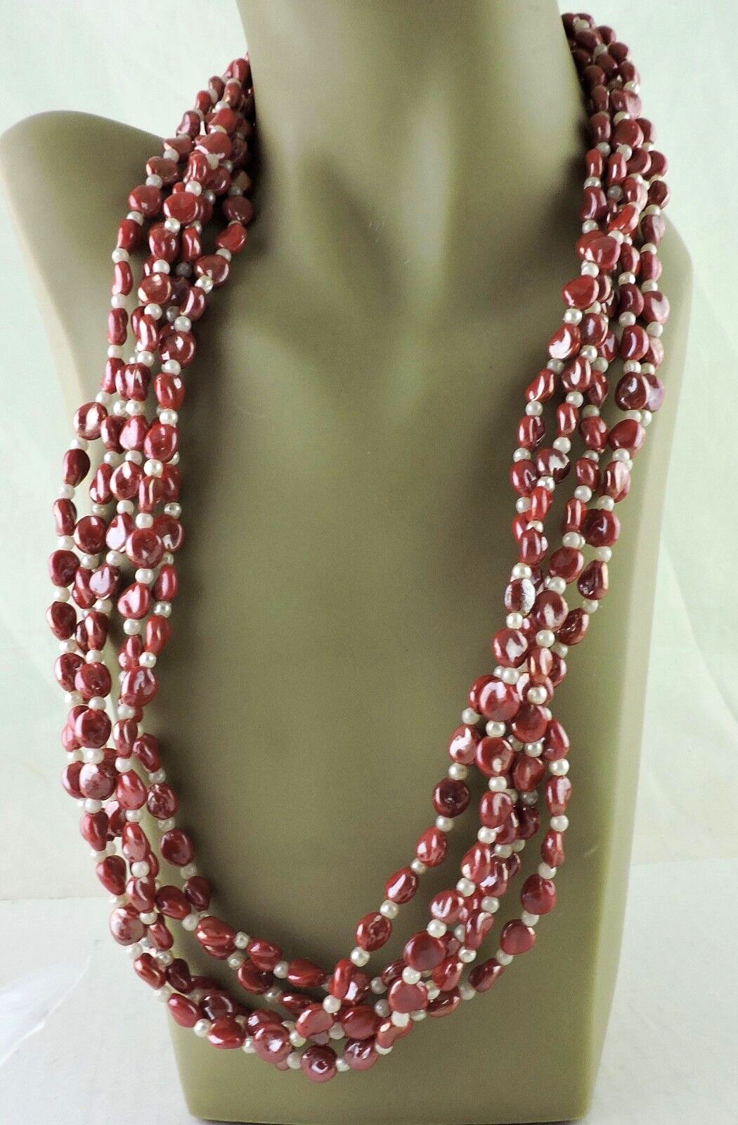 VINTAGE FAUX PEARL BLOOD ORANGE GLASS BEAD 5 ROW NECKLACE STRING/STRAND