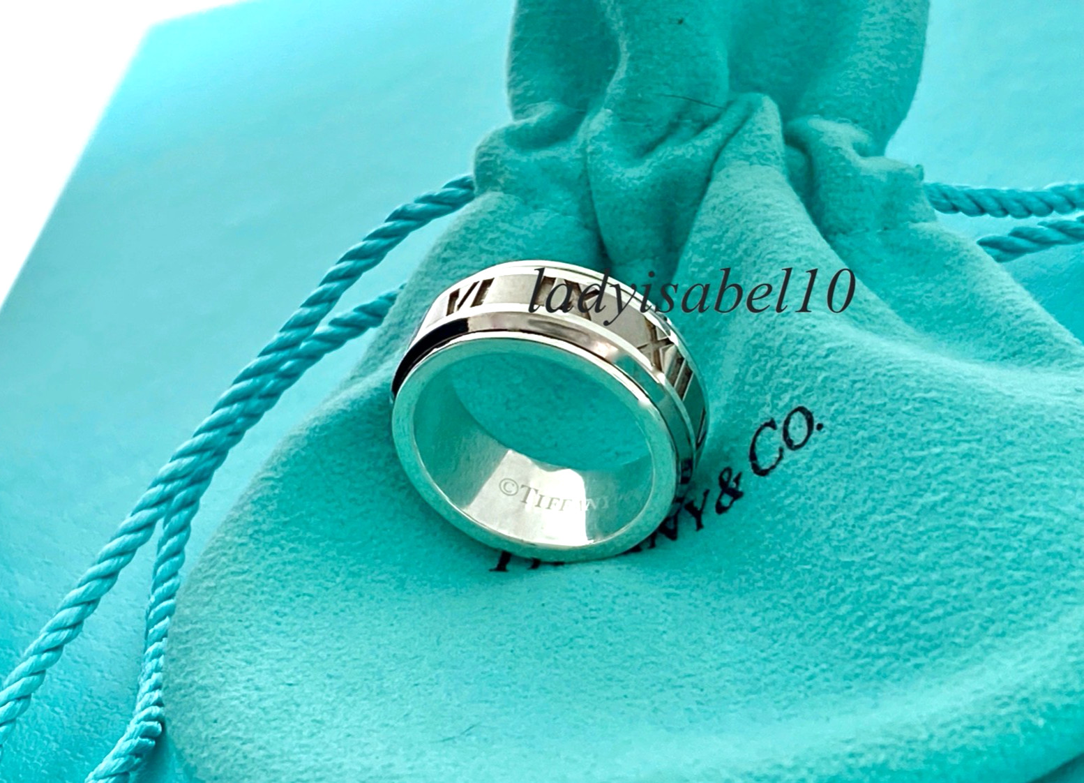 Sz 5.75 Tiffany & Co. Atlas Titanium Silver Roman Band Ring w/ Pouch – Authentic
