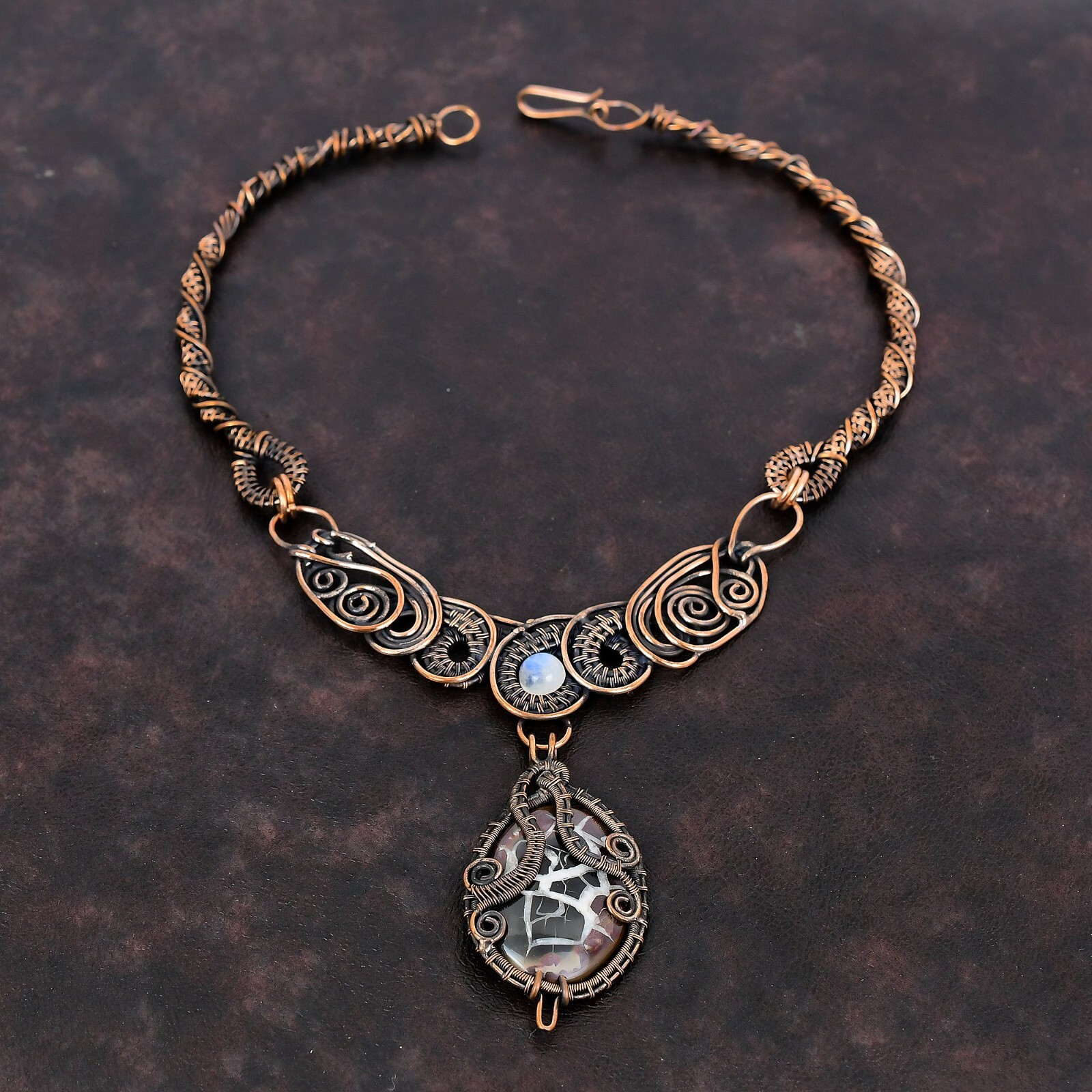 Gift For Her Moroccan Mud Crack Fossil Wire Wrapped Chain Necklace Copper 18.0″