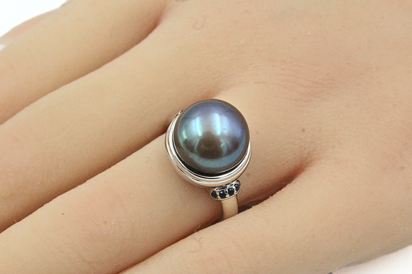Bronze Signed Made in Italy Stainless Steel Black Freshwater Pearl Ring Sz 7