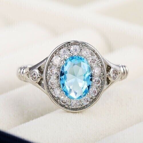 2.1 CT Simulated Aquamarine 925 Silver Plated Royal Vintage Thanksgiving Ring