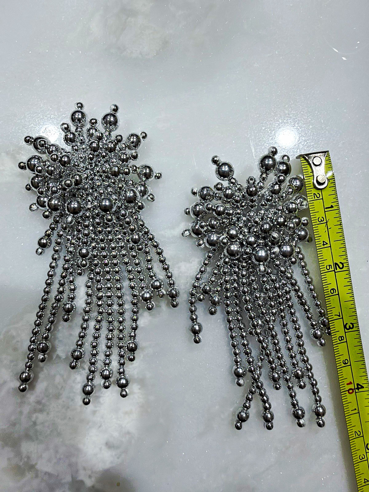 Vintage Silver Tone Beaded Fringe Tassel Statement Earrings Oversized Runway 4”