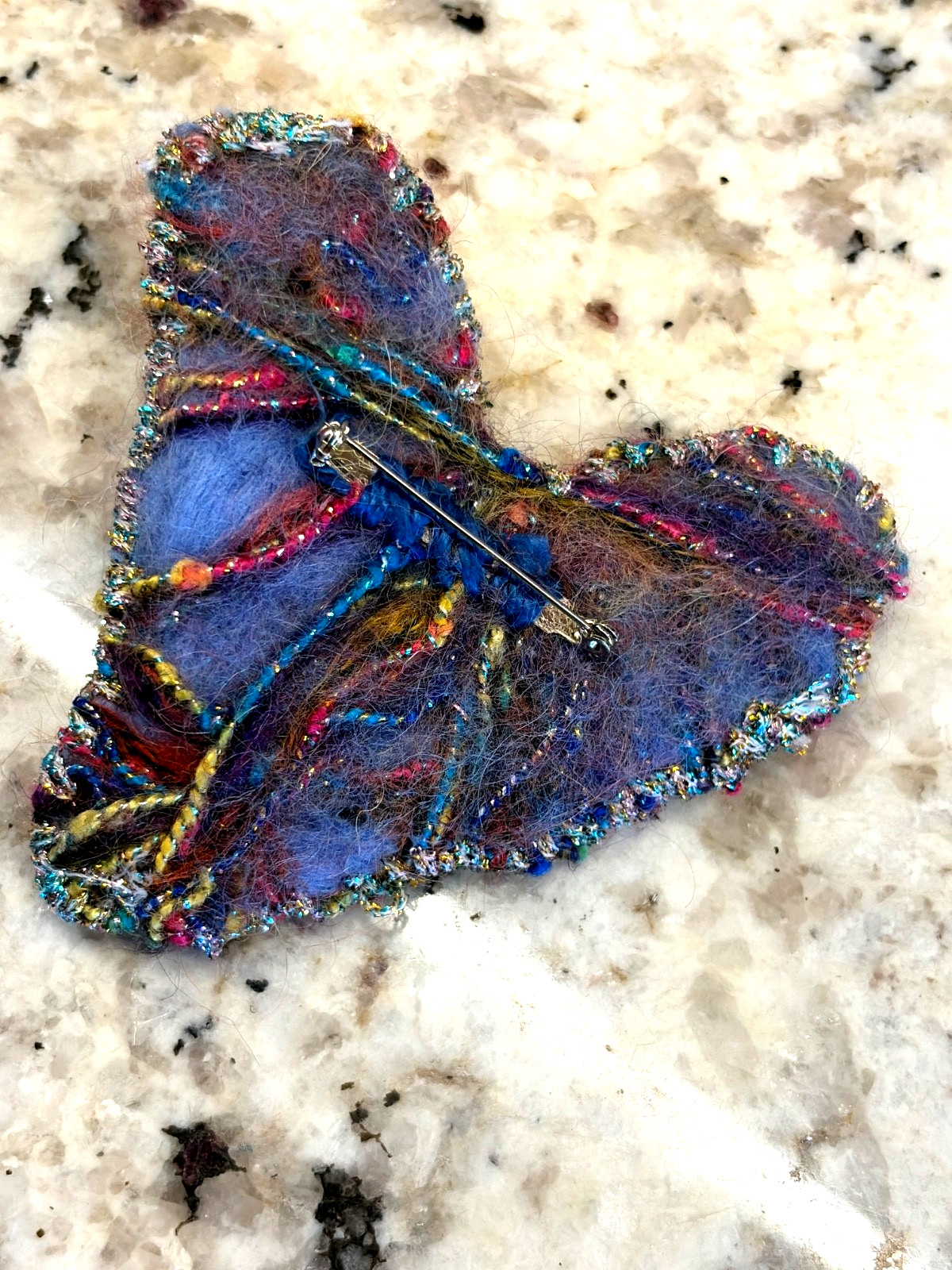 Vintage Handmade Fur Yarn HEART Pin Brooch Flower Rhinestone 3D Red Blue 3.75″