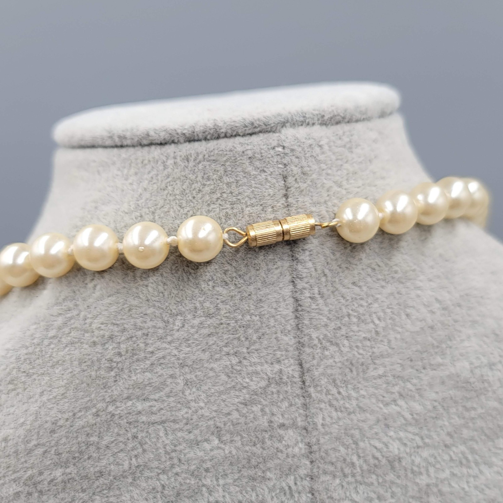 Vintage Glass Faux Pearl 8mm Bead Necklace Hand Knotted 30 in