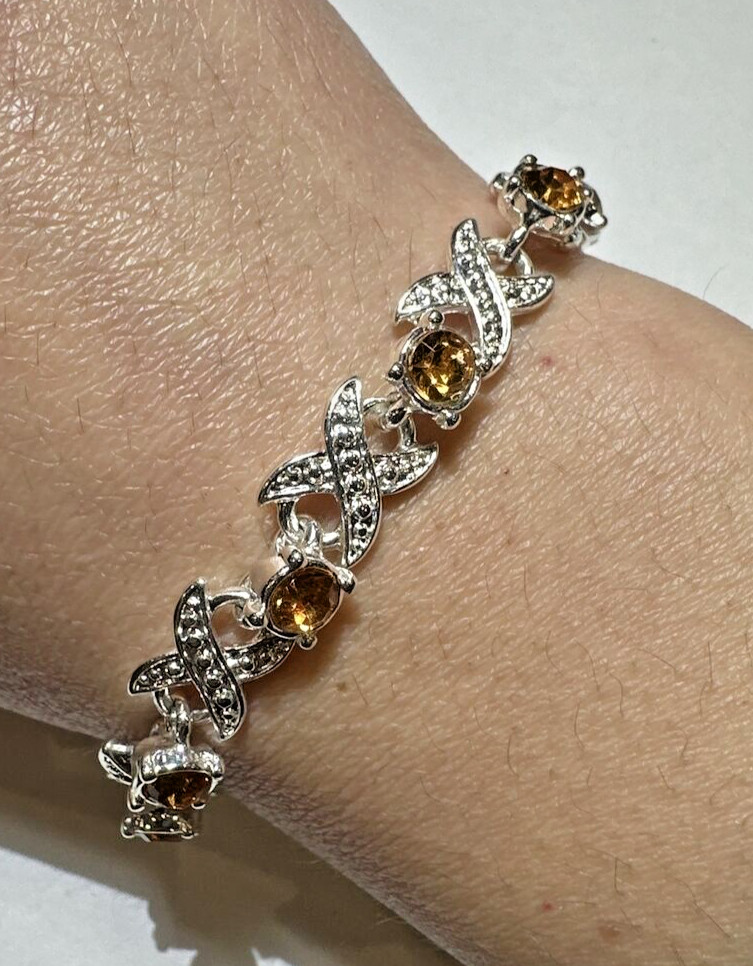 NEW Shiny Yellow Rhinestones X Infinity Tennis Silver tone 7.5″ Bracelet DA5