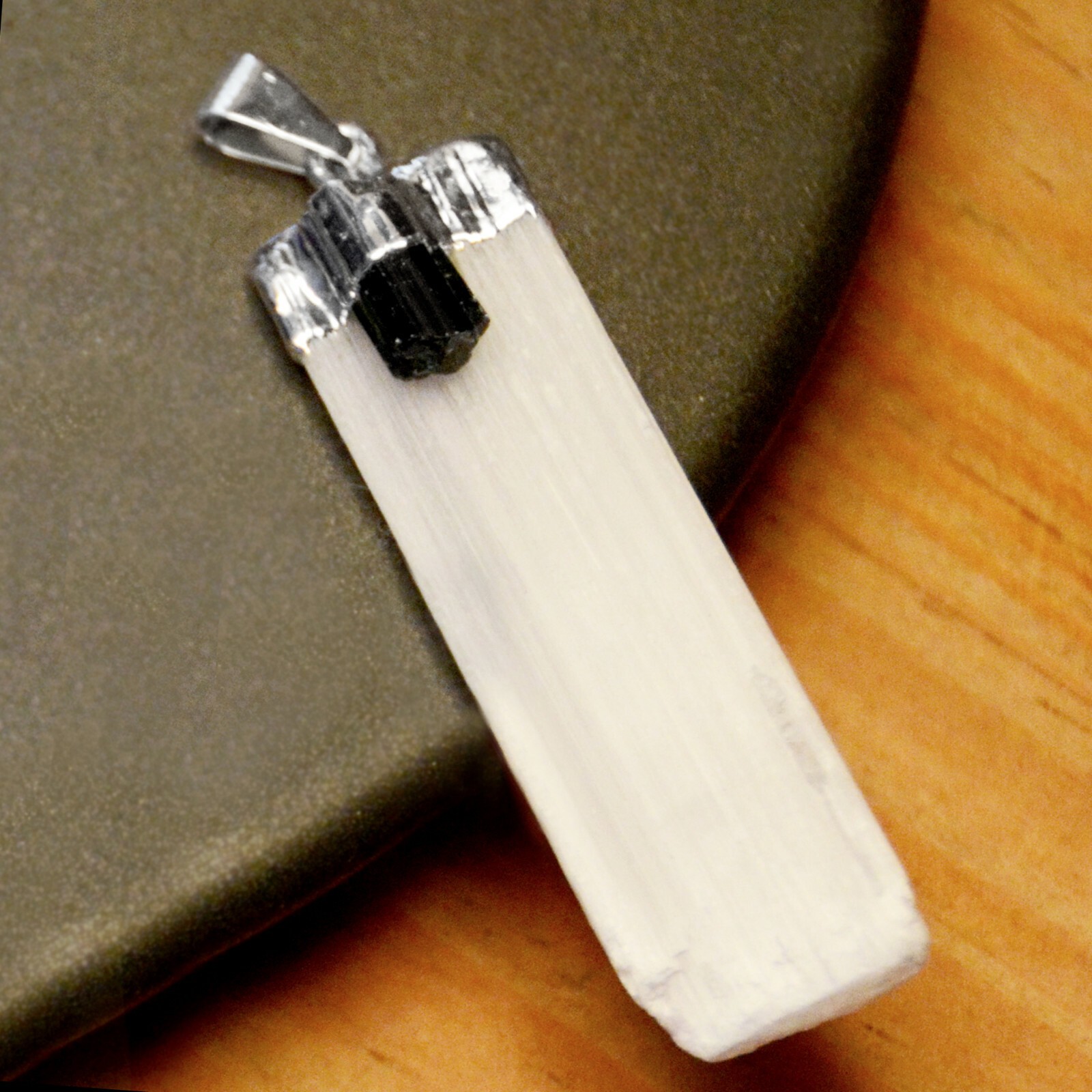 SELENITE Black Tourmaline Crystal Pendant 925 Sterling Silver Necklace Reiki Hea