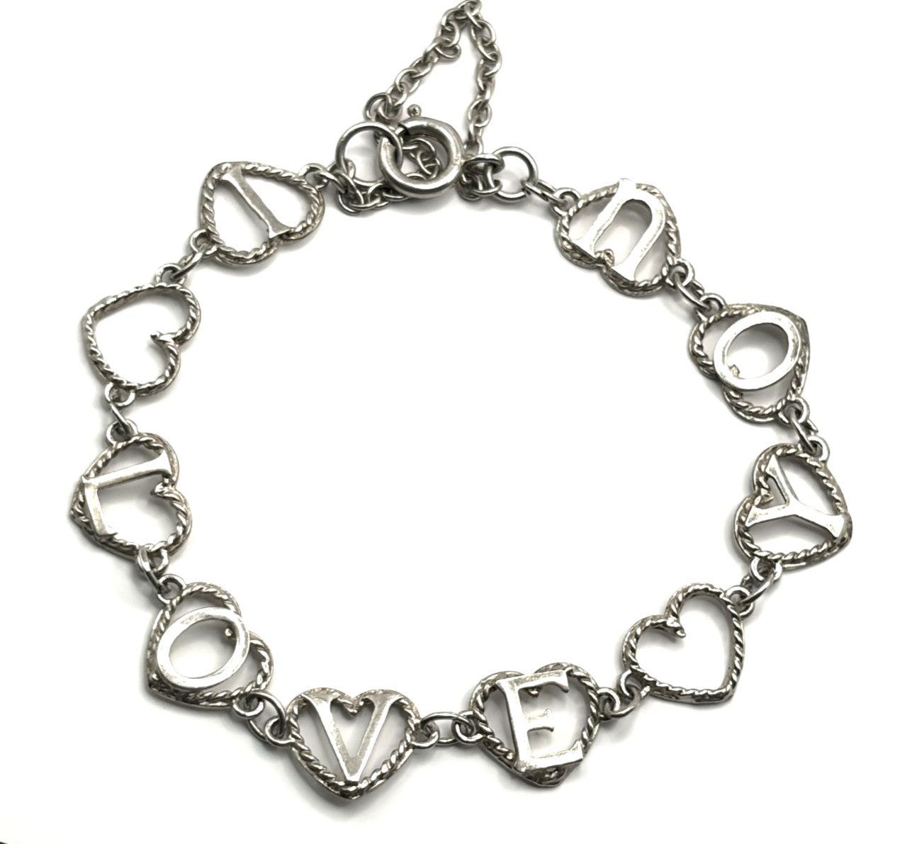 Vintage 1977 Sterling Silver “I Love You” Hearts Link Bracelet 7” 5.6 grams