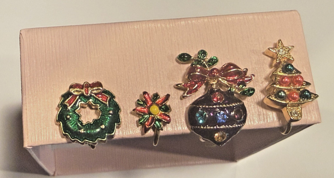 Christmas Clip-on Earrings Wreath, Poinsettia, tree & ornament Excellent con.