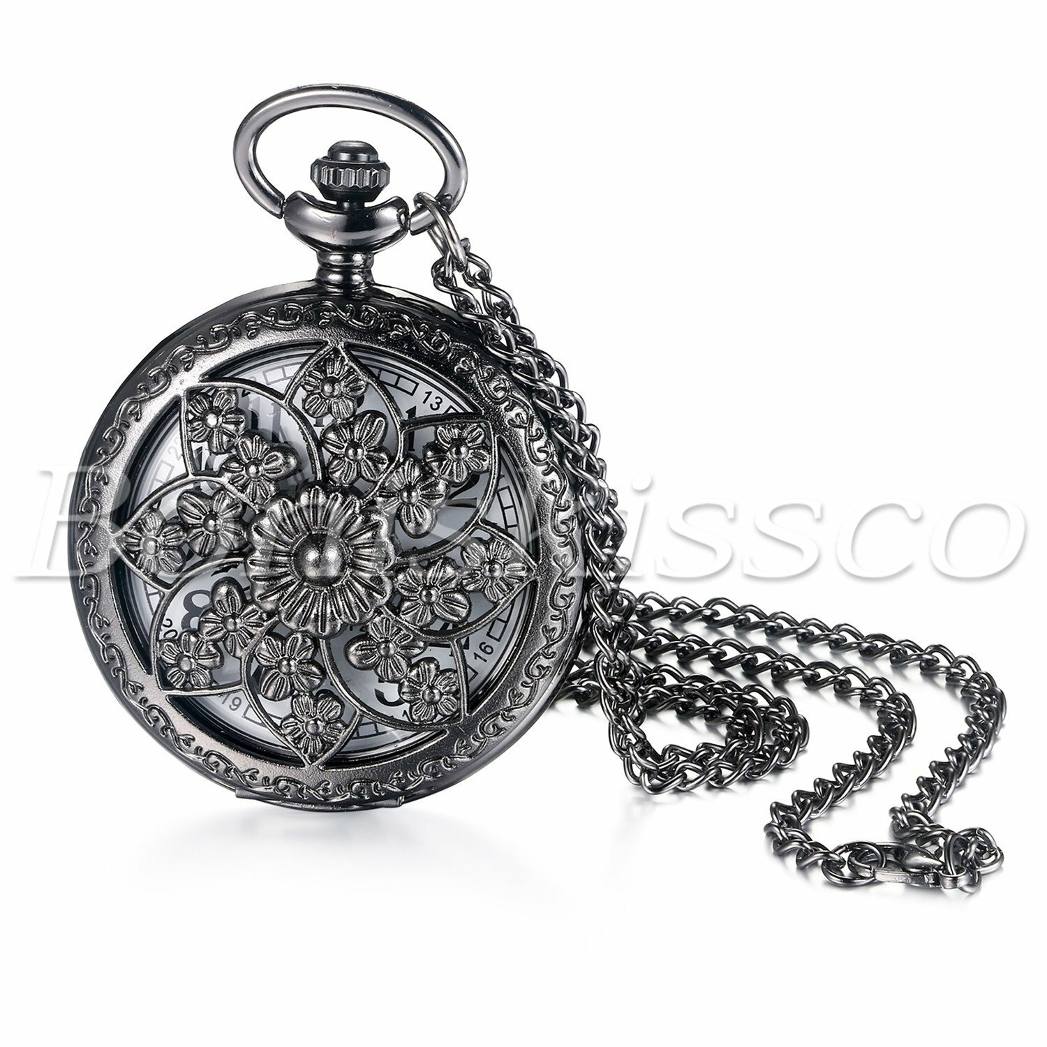 Antique Retro Camellia Carved Quartz Pocket Watch Pendant Necklace Sweater Chain
