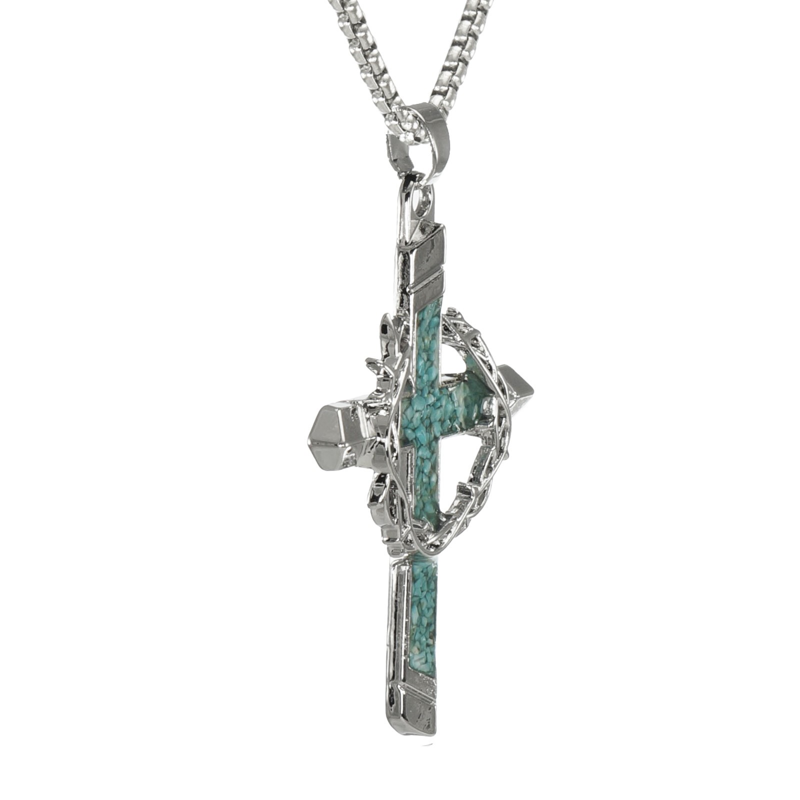 Silver Cross & Crown of Thorns Pendant Turquoise Inlay, Stainless Steel Chain