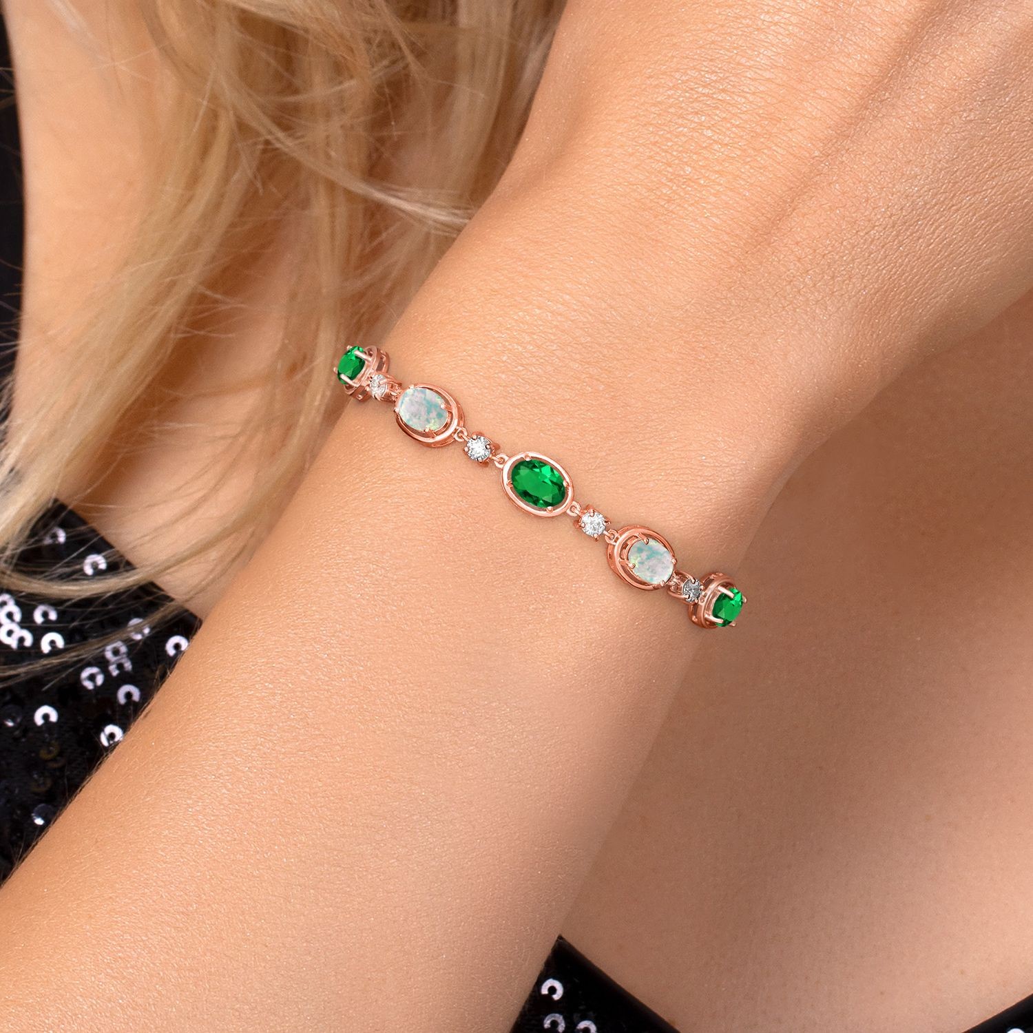 18K Rose Gold Plated Silver Nano Emerald and Simulated White Opal, Lab Grown