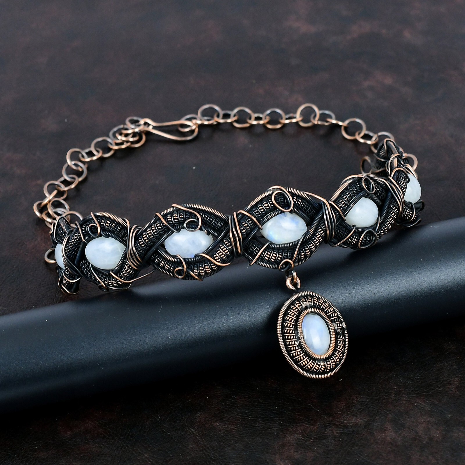 Rainbow Moonstone Wire Wrapped Chain Adjustable Necklace Copper For Girls 18.0″