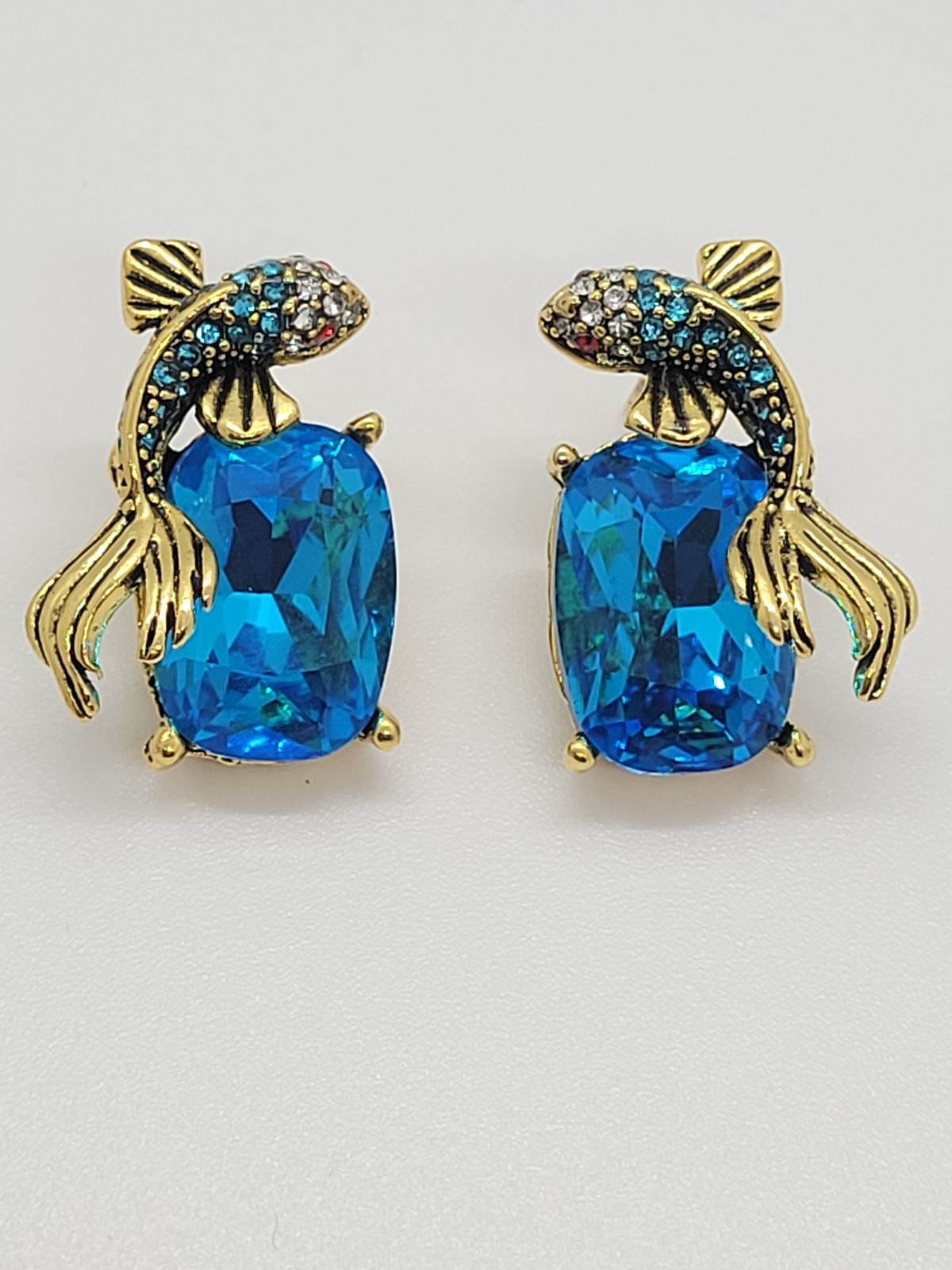 Koi Fish Earrings VTG Gold Fish BLUE Crystal Nouveau Ornate Art Deco CZ Cluster