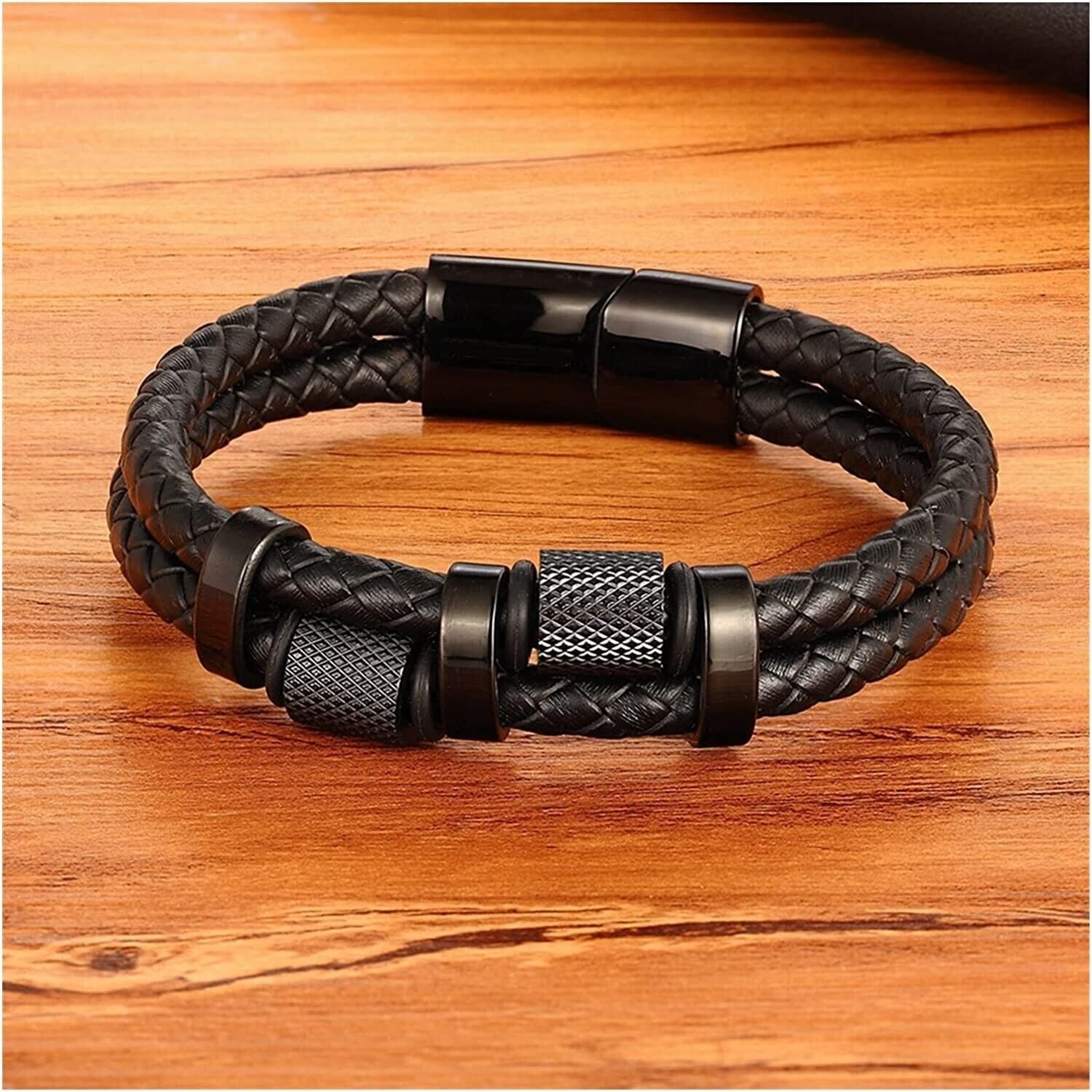 Men’s Stainless Steel Genuine Leather Bracelet Strength Fashion Bangle Wrap USA