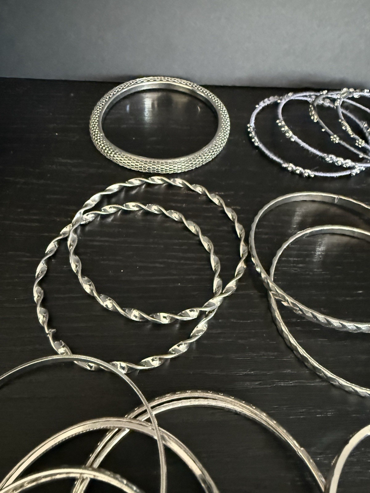Lot Of 20+ Silver Tone Bangle Bracelets Thin Lightweight Stackable Textured