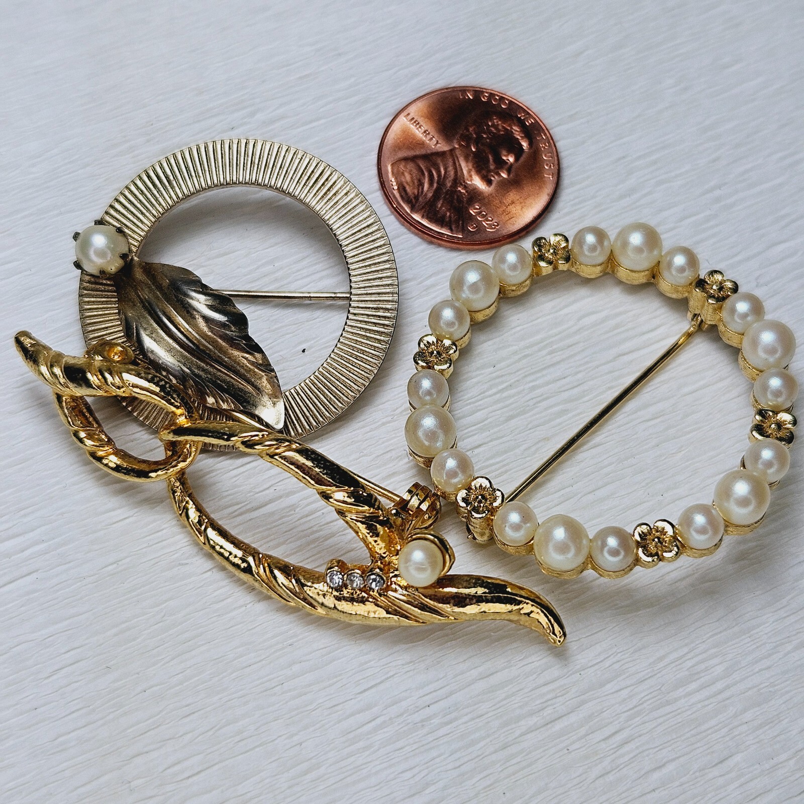 3 Vintage Brooches Faux Pearl Gold Tone Rhinestone 2 Round 1 Bar
