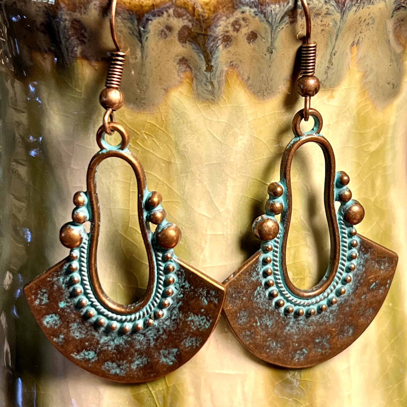 Copper Tone With Etched Patina Fan Dangle Earrings. Artisan. French Hooks. S626