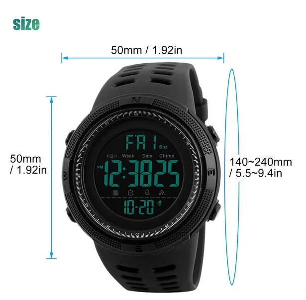 SKMEI Men’s Waterproof Digital Watch – 50M Shock Resistant Military Sport LED Ch