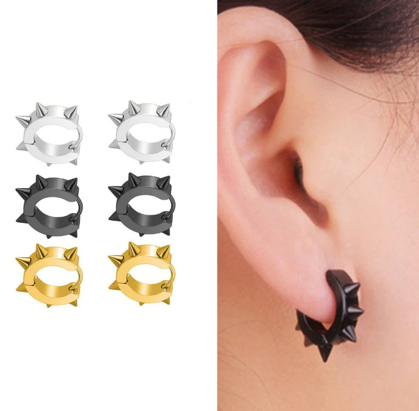 Gothic Rock Stainless Steel Men Women Rivets Spike Cone Huggie Ear Stud Earrings