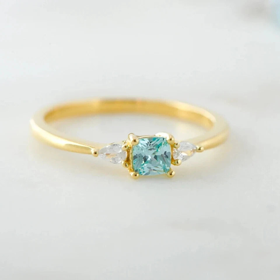 1.50Ct Cushion Cut Simulated Aquamarine Engagement Ring 14k Yellow Gold Plated