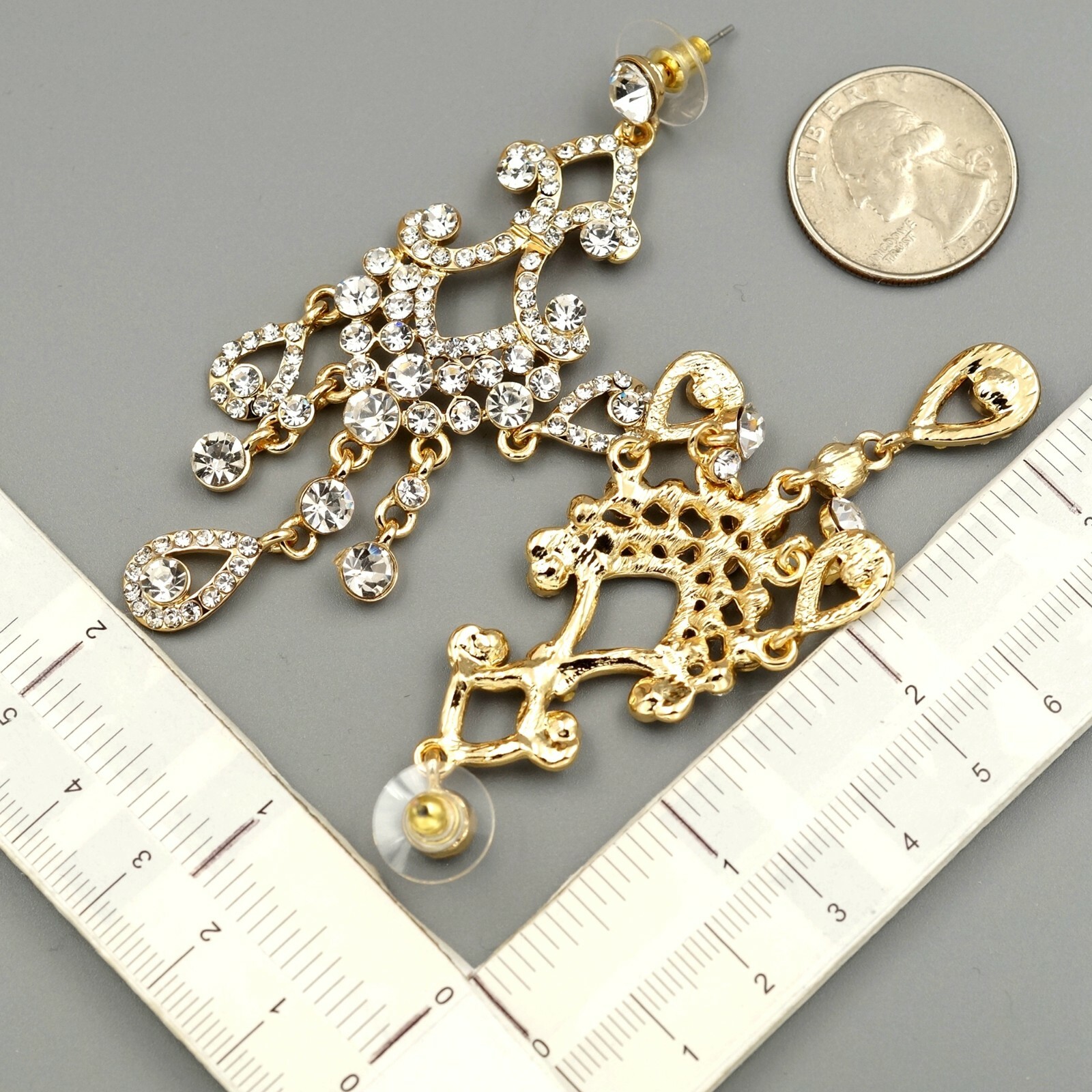 Women Chandelier Earrings Gold Plated GP Clear Crystal Wedding Drop Dangle 00165