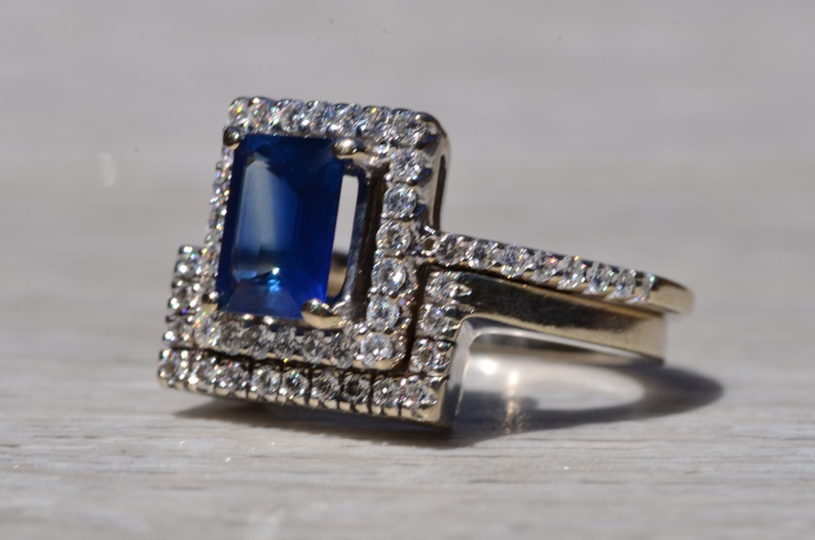 Diffused Emerald Cut Blue Sapphire Engagement Ring and Wedding Set with Custom B
