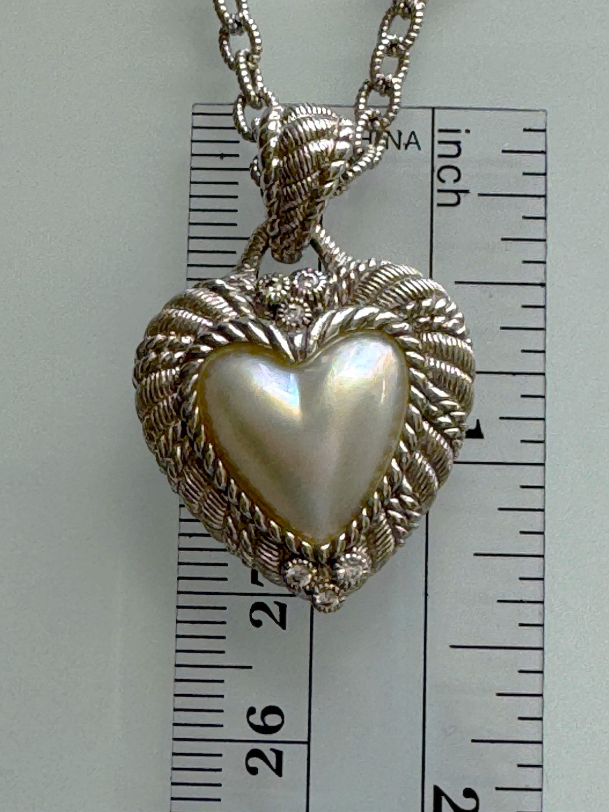 Judith Ripka 925 Sterling Silver MOP Heart Pendant & Station Chain Necklace