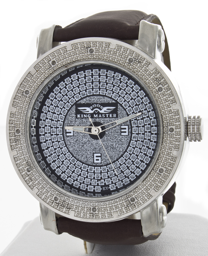 King Master Men’s CZ Stones Silver Dial Stainless Steel Brown Leather Watch