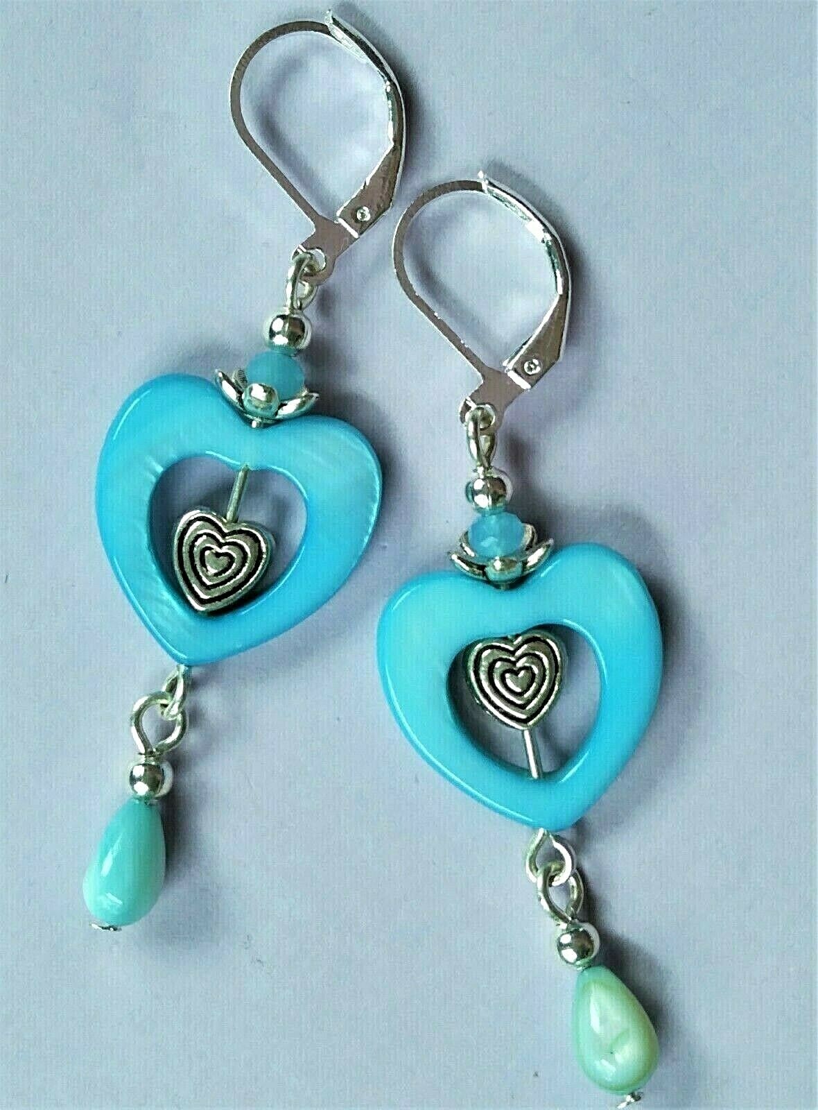 BLUE HEART SHELL dangle earring SP LEVERBACK artisan