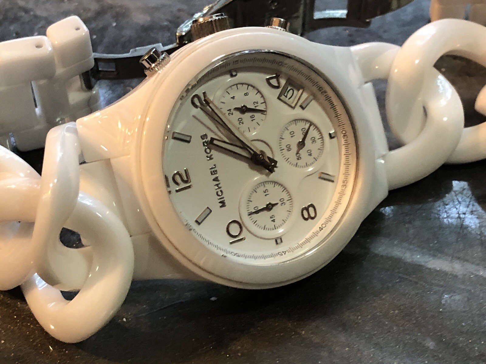 ✨🤍 NOS STUNNING Early MICHAEL KORS White CERAMIC Chain Link Bracelet Watch🤍✨
