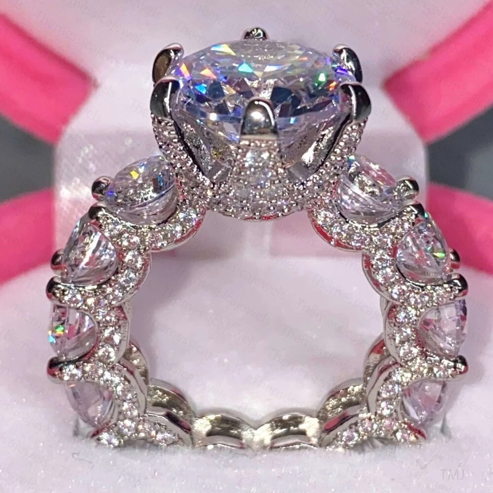 9.5mm Round Cut Moissanite Half Eternity With Wedding Band 14K White Gold Plated