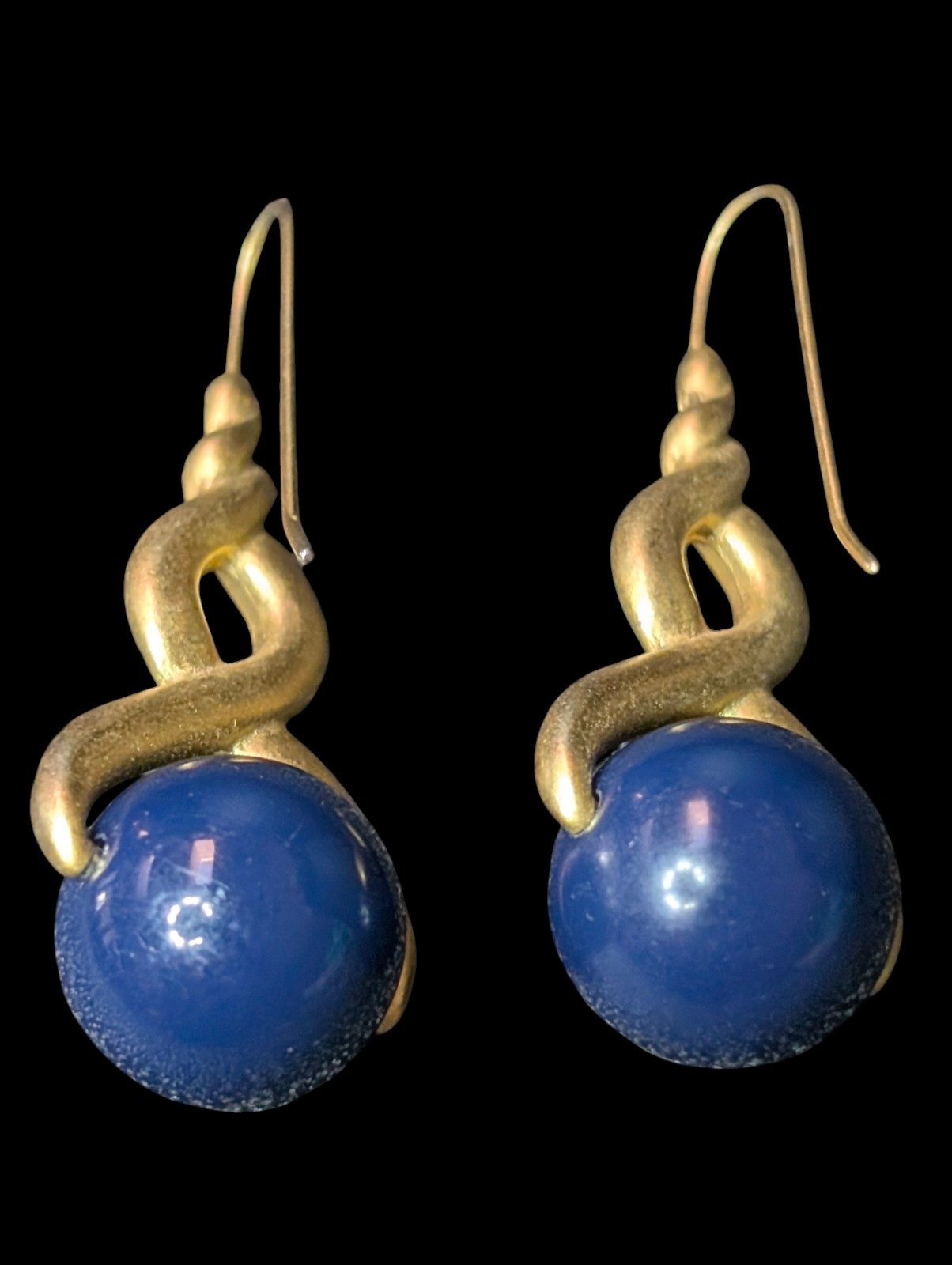 Matte Gold Finish Infinity Twist Dangle Earrings Round Blue Spinning Plastic…