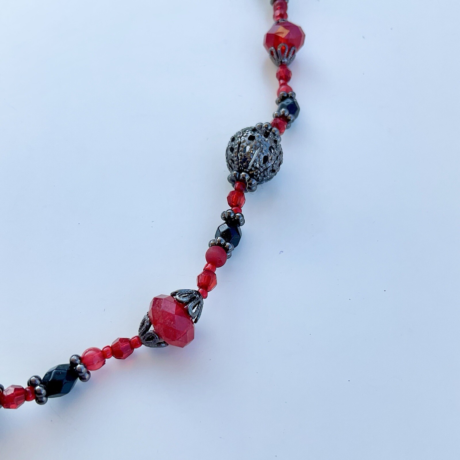 1928 Jewelry Red & Black Ornamental Beaded Necklace, 19” Adjustable