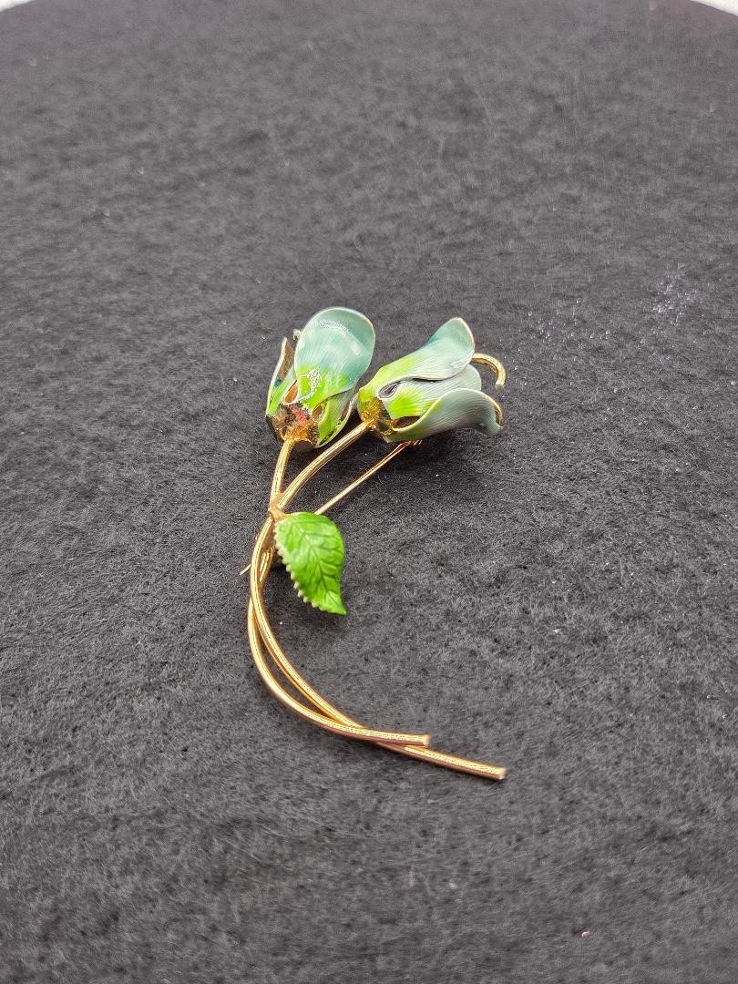 Vintage Enamel Blue & Green Gold Two Flower Buds And Leaf Brooch Pin 3″L