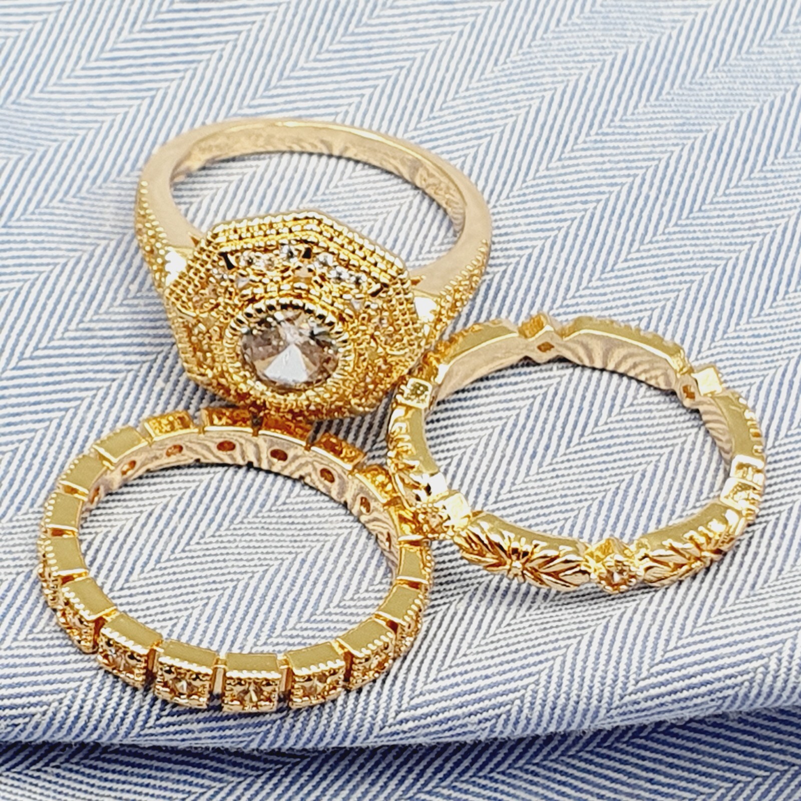 Gold Plated Geometric Vintage Ring Set 2Ct CZ Wedding Trio Set Couple Gifts Band