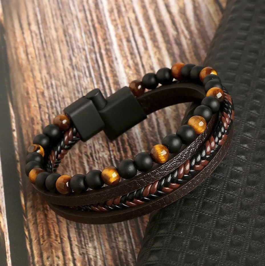 1pc Men Leather Tiger Eye Beaded Bracelet Multi Layer Wrap Style – NEW