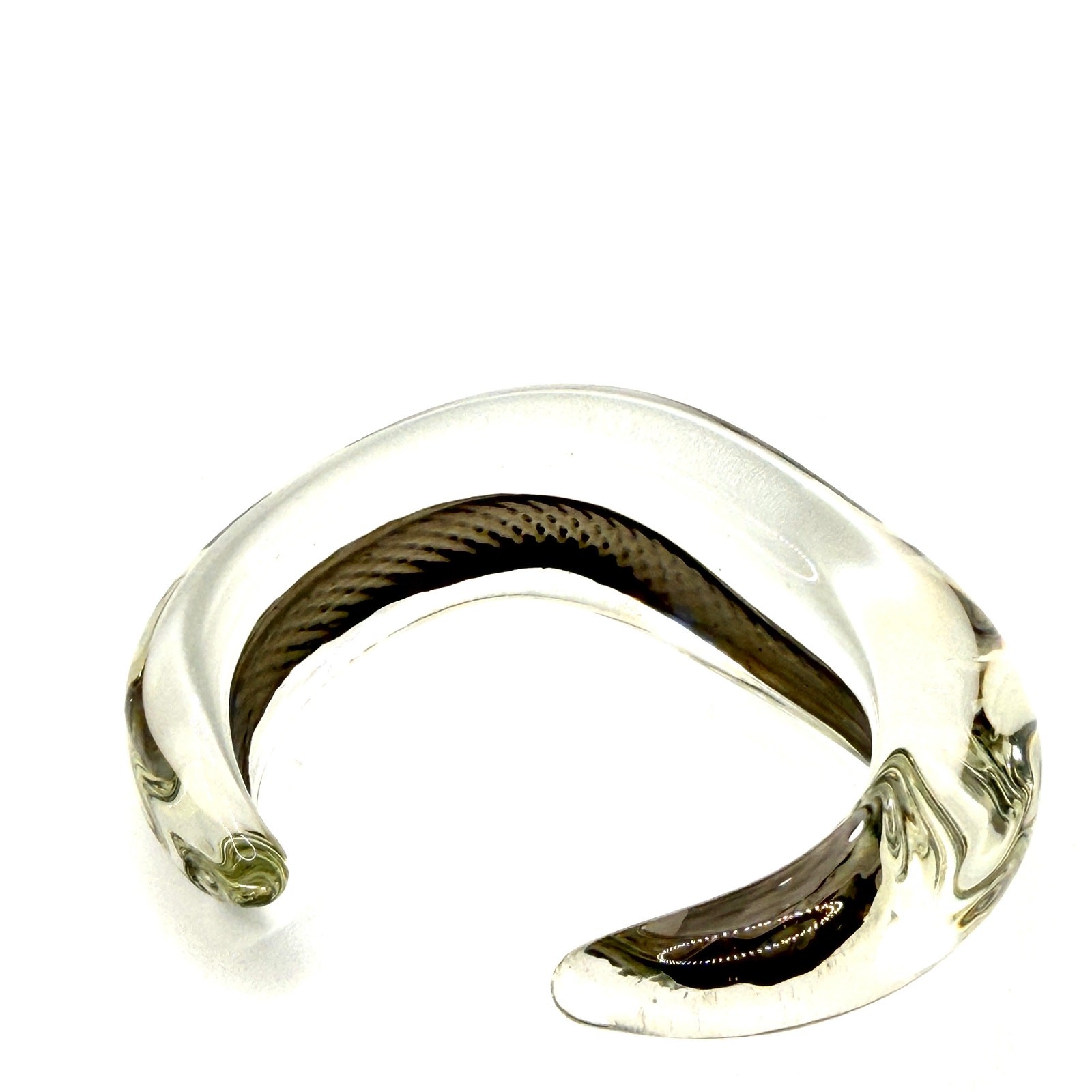 Vintage 90s Handblown Sculptural Clear Glass Black Swirl Statement Cuff Bracelet