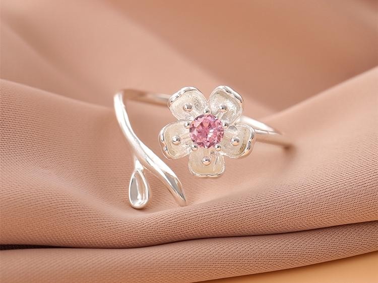 925 Sterling Silver Pink Crystal Flower Open Ring Elegant Adjustable Women Jew..