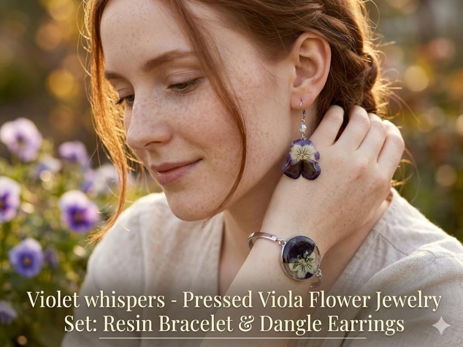 Violet Whispers – Botanical Viola Flower Jewelry Set | Handmade Bracelet