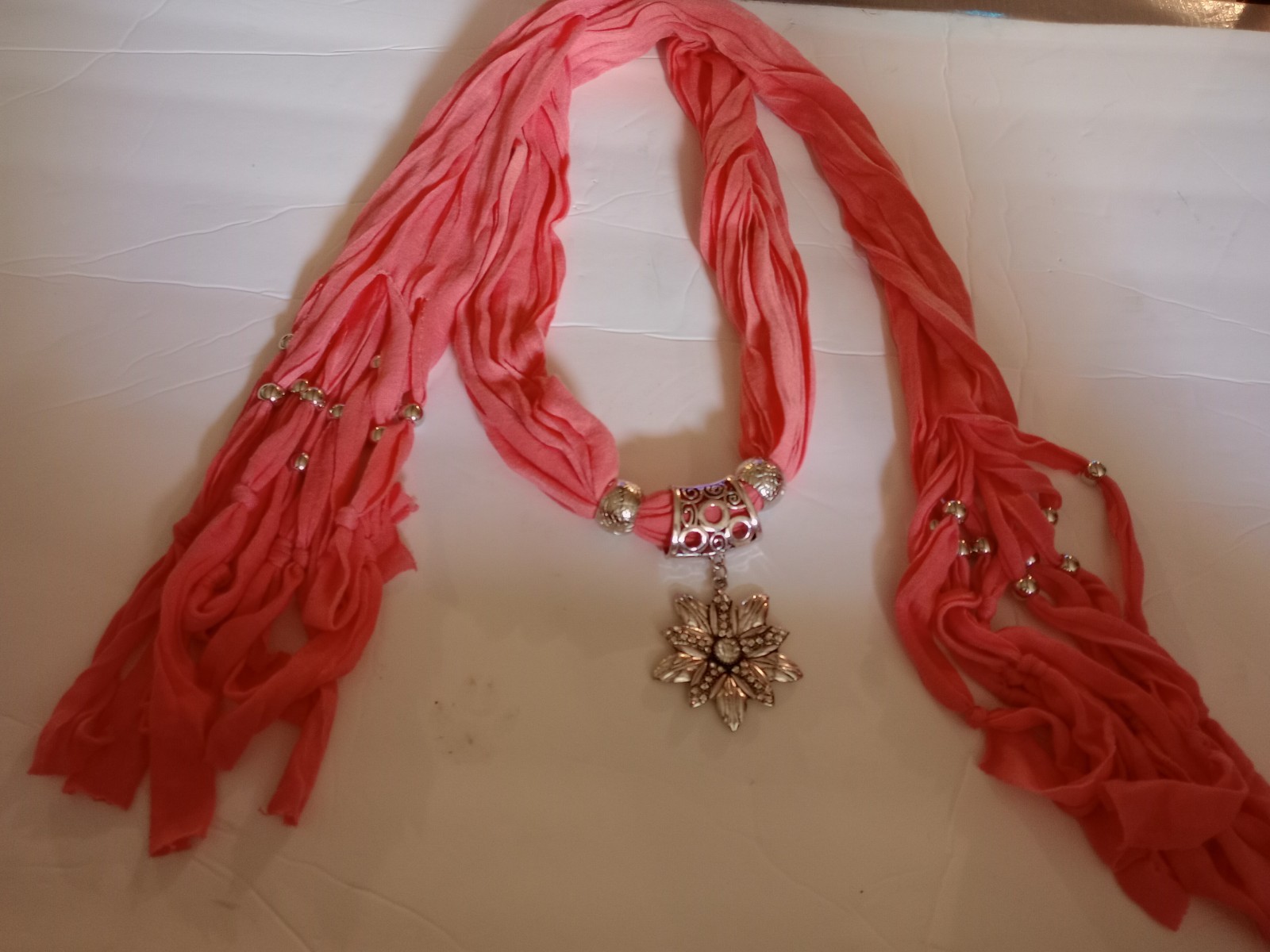 NEW Scarf Necklace with pendant, PEACH with silver tone jewelry