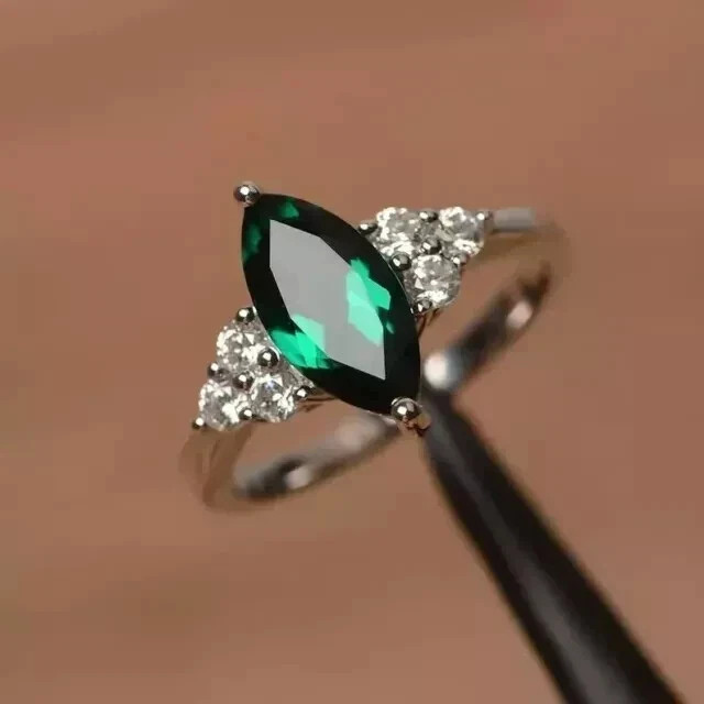 2Ct Marquise Lab-Created Emerald Diamond Engagement Ring 14K White Gold Plated