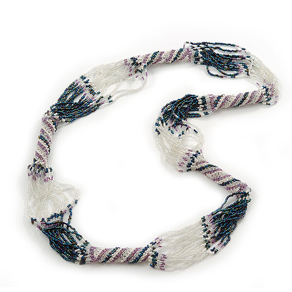 Long Multistrand White/Lavender/Peacock Glass Bead Necklace – 92cm Length