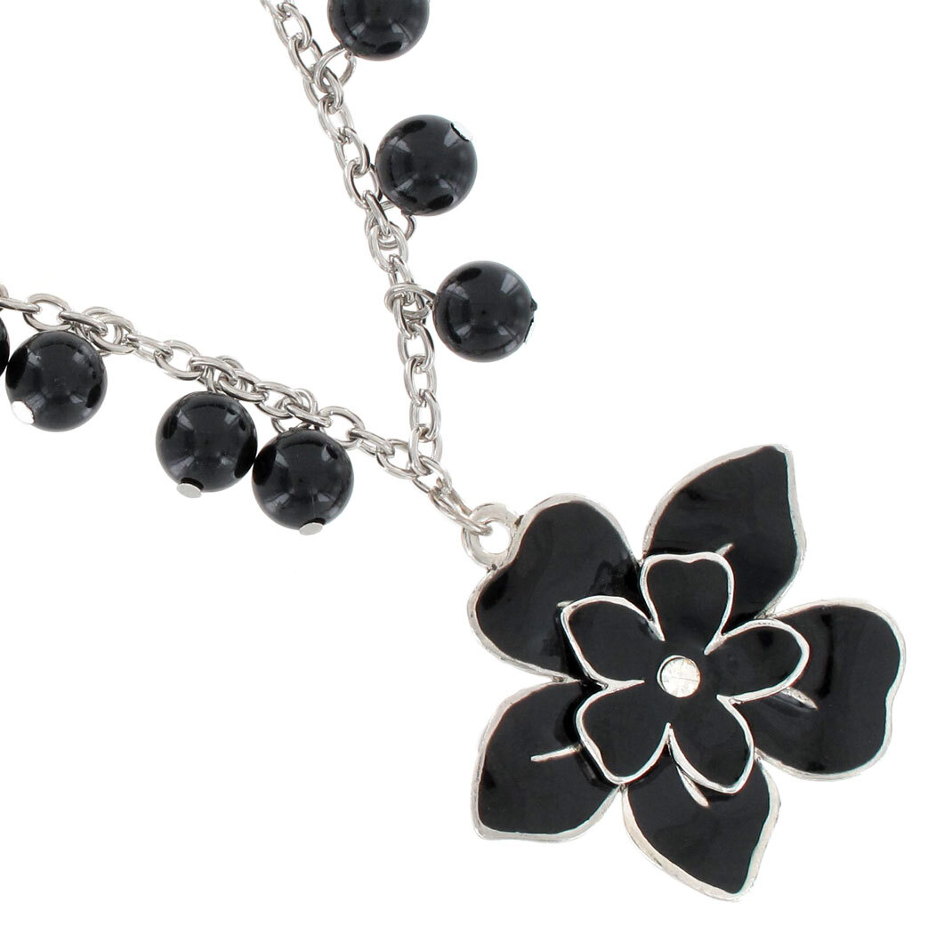 Pendant Necklace Black Silver Tone Beaded Fringe Flower 16-19″