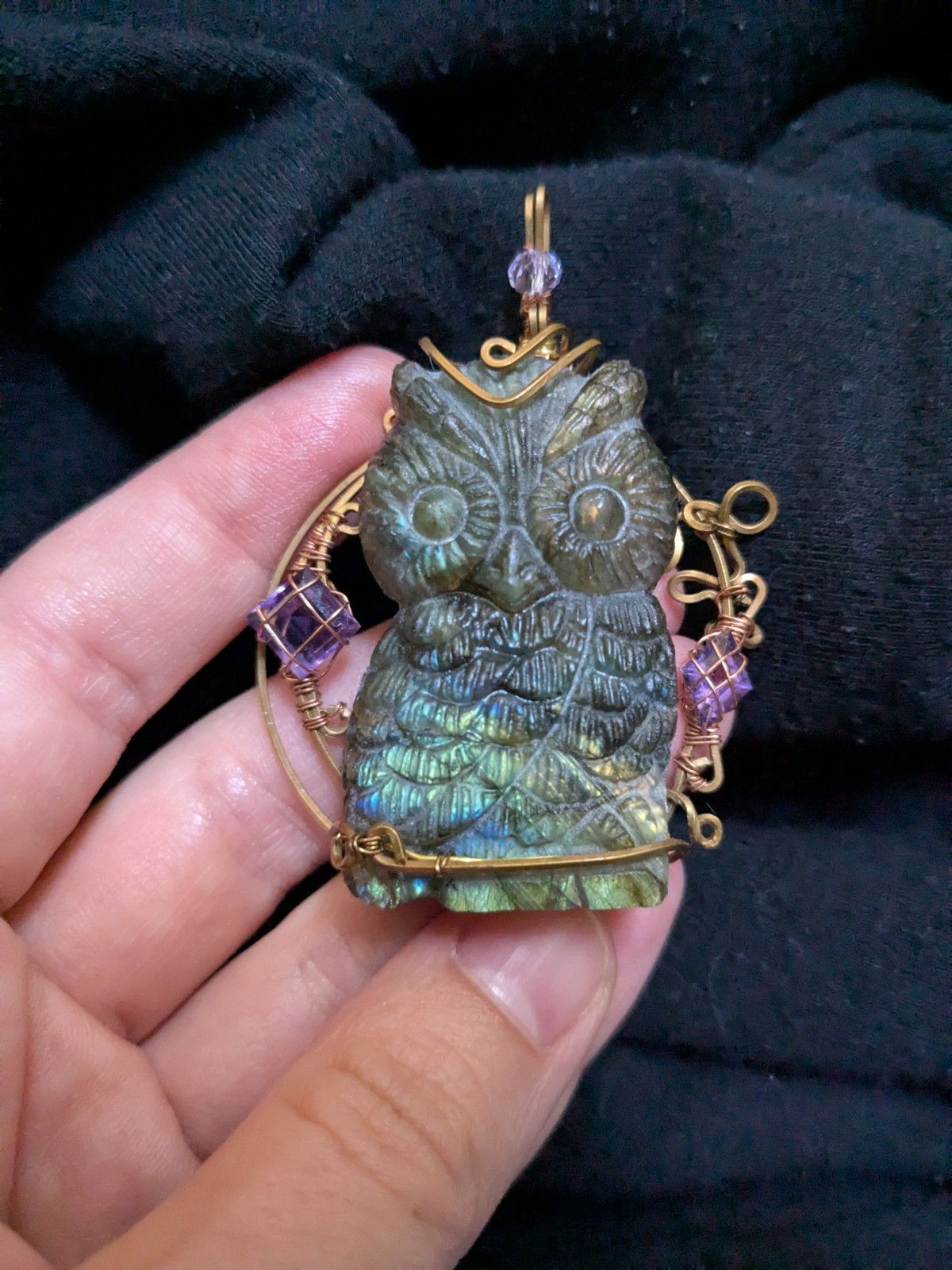 Hand wrapped Labradorite Carved Owl Amethyst Wire Brass Copper