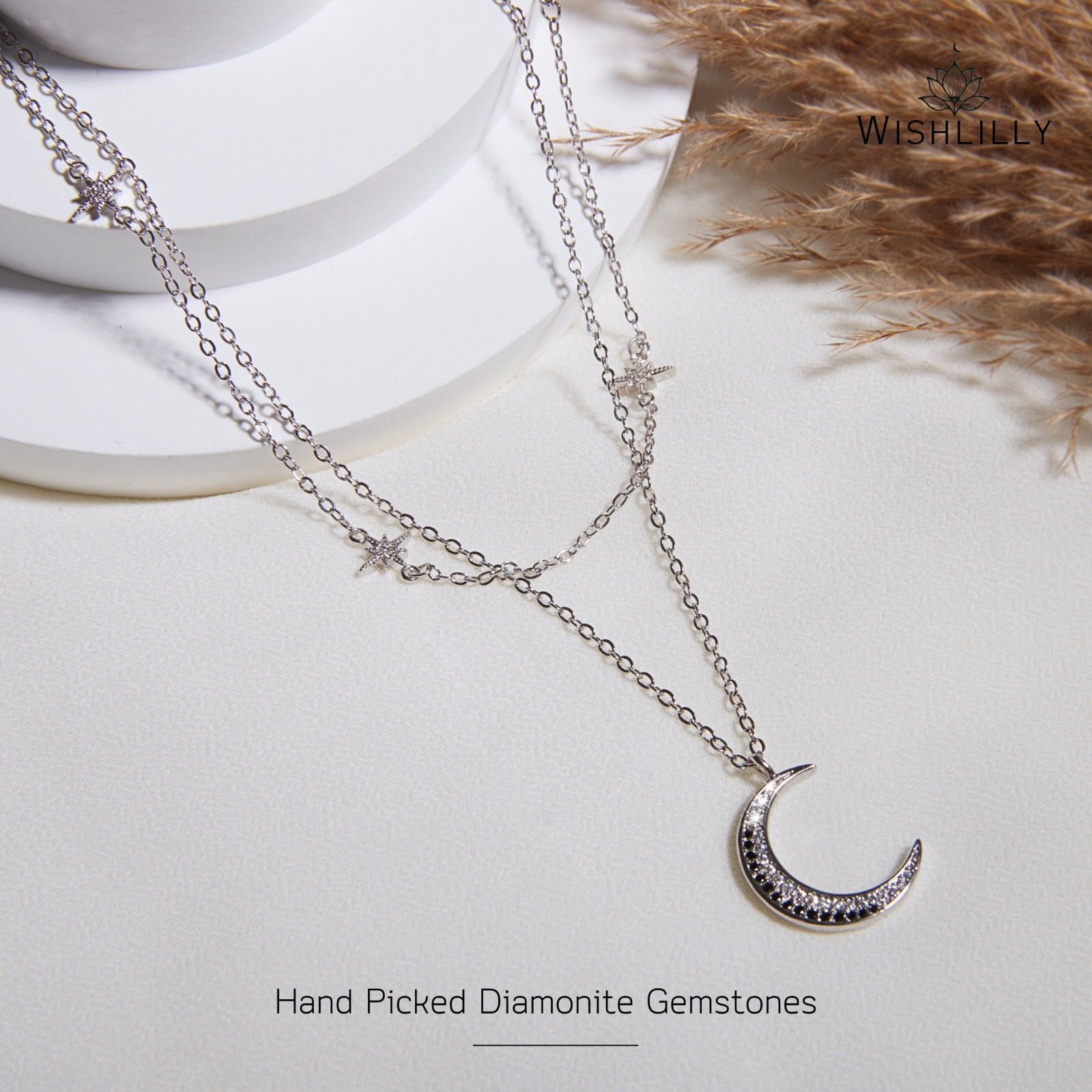 Silver Moon and Star Necklace Set by Wishlilly • Pave Celestial Crescent Moon •