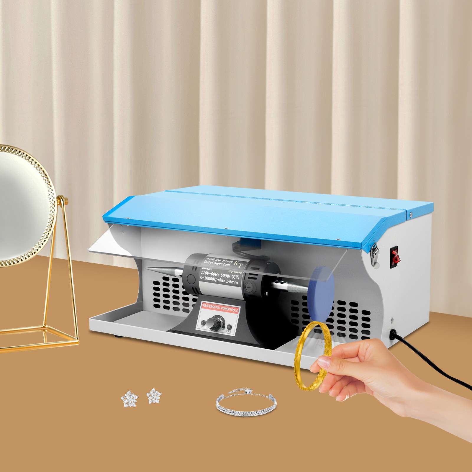 Benchtop Polishing Buffing Machine Jewelry Polisher Dust Collector W/ Light 200W
